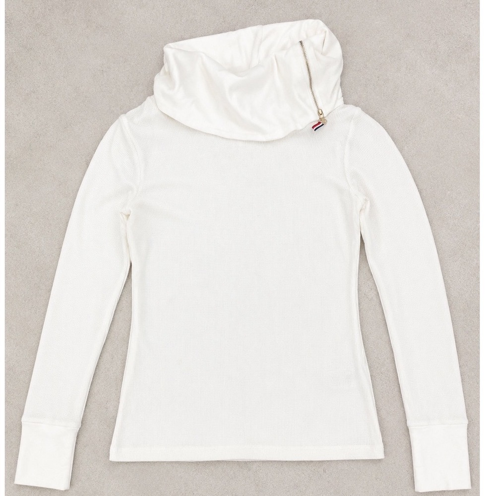 Tommy Hilfiger Womens White Waffle Knit Asymmetrical Zip Funnel Neck Top Size M